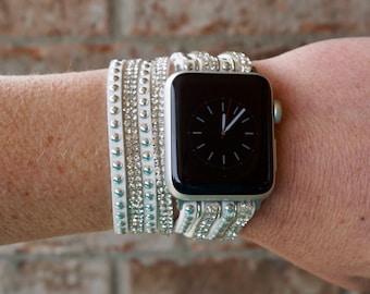 Correa de Apple Watch con diamantes de imitación: Correa de iWatch de doble vuelta con tachuelas blancas