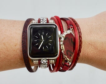 Correa roja multicapa para Apple Watch: brazalete magnético plateado