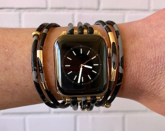 Correa de Apple Watch con estampado de leopardo negro: brazalete magnético dorado