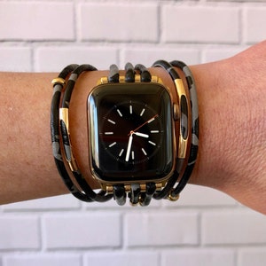 Black Leopard Apple Watch Cuff Bracelet Band with Gold Magnetic Clasp by Kaylie Fry Creative