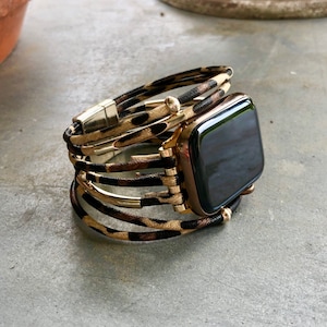 Leopard Apple Watch Cuff Bracelet Band with Gold Magnetic Clasp by Kaylie Fry Creative