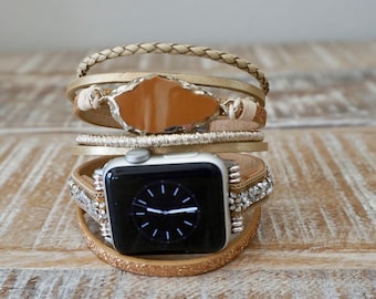 Correa multicapa para Apple Watch color canela: brazalete magnético plateado