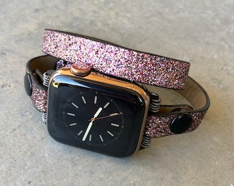 Correa doble para Apple Watch con purpurina rosa y detalles negros