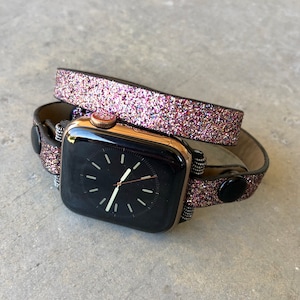 Pink Glitter Double Wrap Apple Watch Band with Black Accents