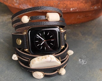 Correa de cuero para Apple Watch en turquesa blanca y marrón: brazalete de varias vueltas