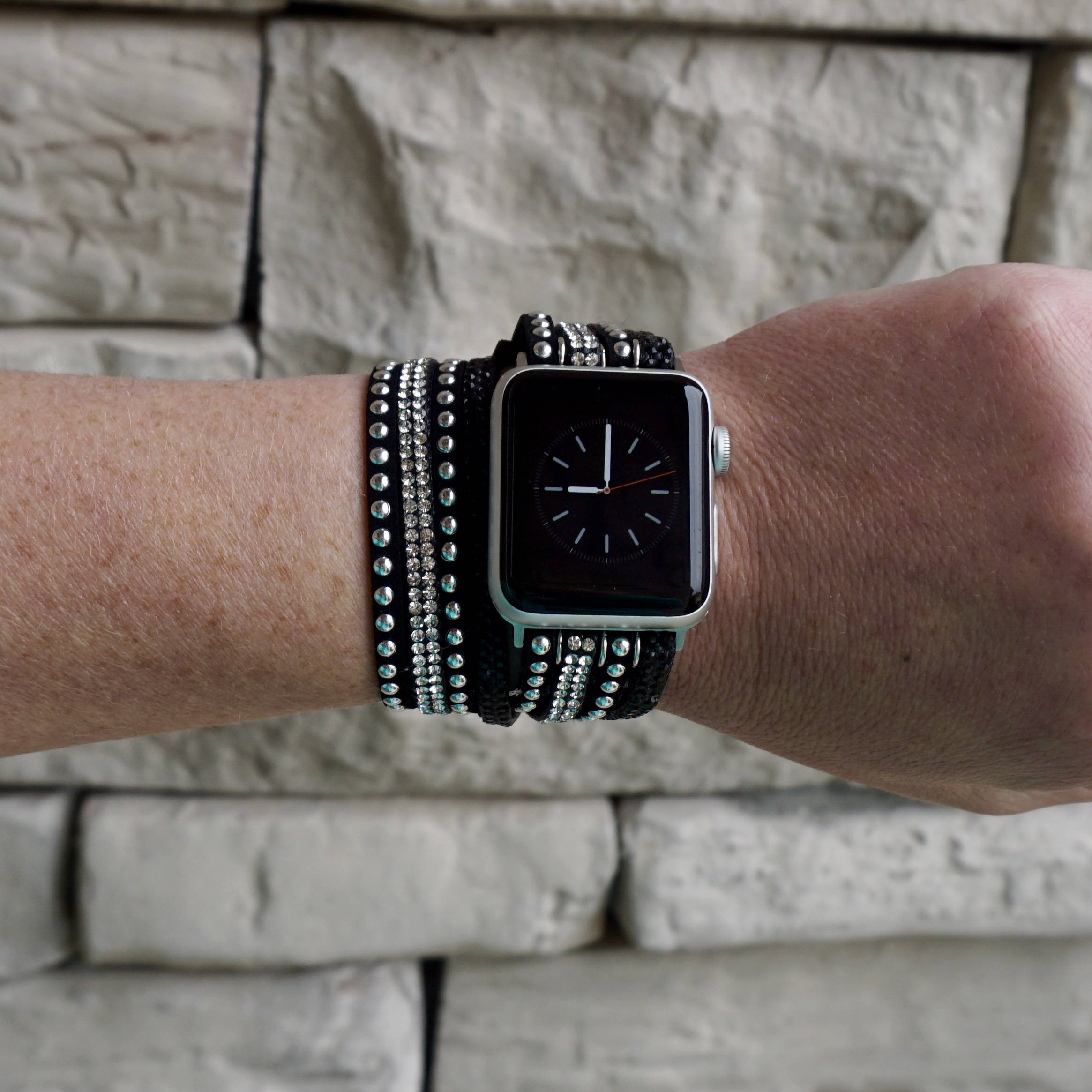 Bling Rhinestone Apple Watch Band: Black Studded Double Wrap 