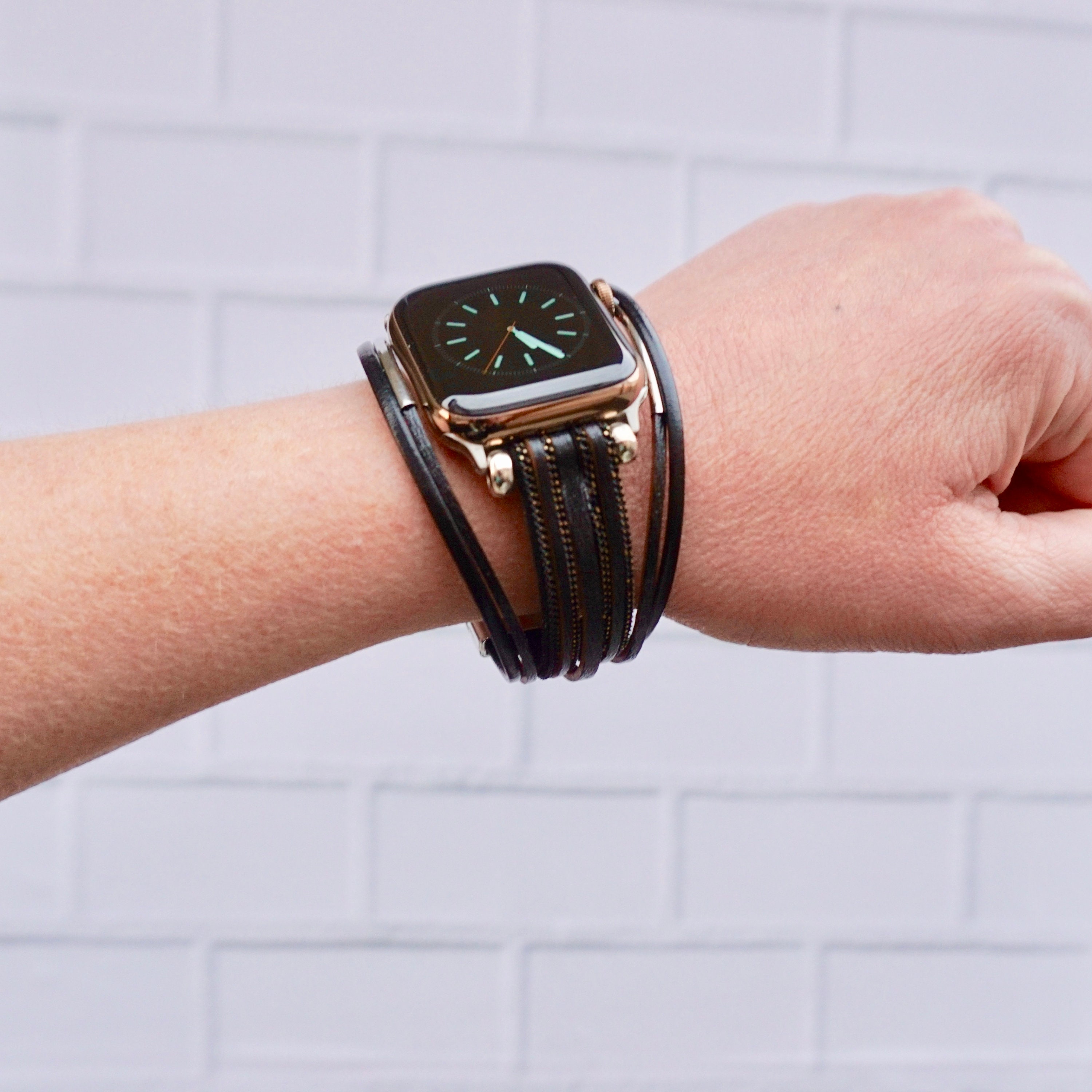 Petite Black Apple Watch Cuff Bracelet Band Thin Leather With Etsy