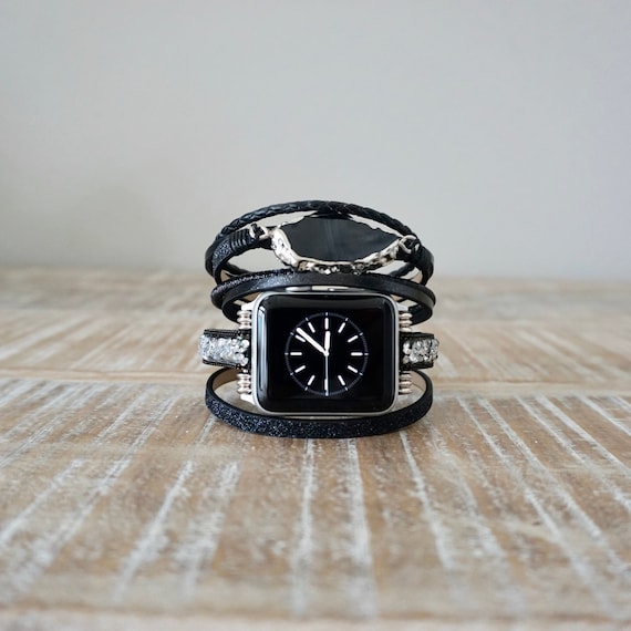 Black Multi Layer Apple Watch Band: Silver Clasp Cuff Bracelet