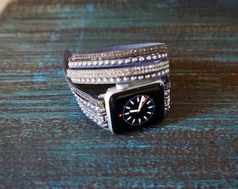 Bling Gray Rhinestone and Studded Double Wrap Apple Watch Band Strap for iWatch with Silver Snap Clasp, by KaylieFryCreative