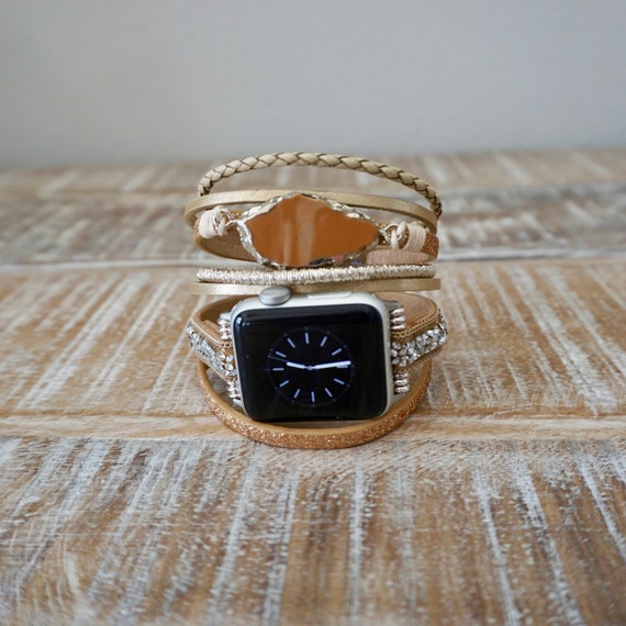 Tan Multi Layer Apple Watch Band: Silver Magnetic Cuff Bracelet - Etsy display picture 1