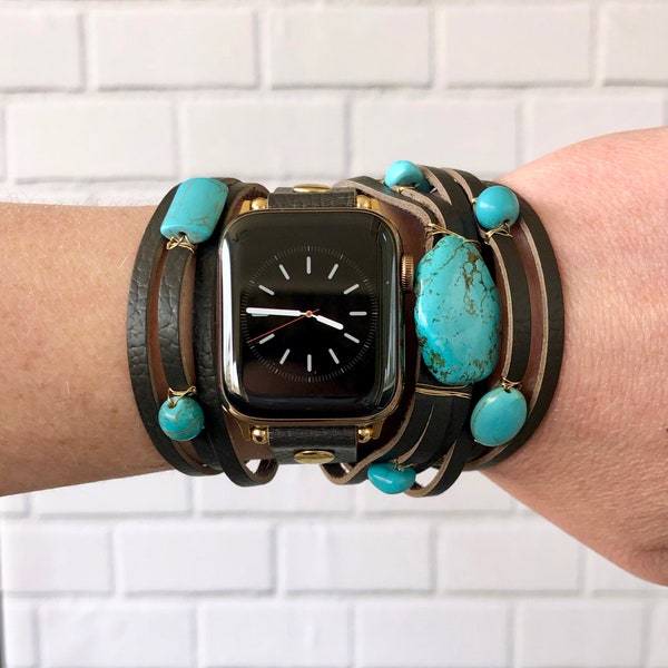 Natural Turquoise Stone and Brown Leather Multi Strand Apple Watch Cuff Bracelet Band with Gold Accents, by Kaylie Fry Creative