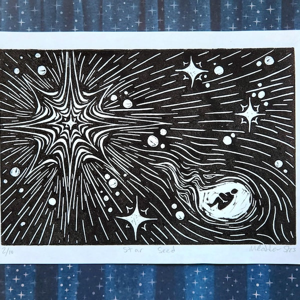 Traditional Lino Cut print "Star Seed" | Linoleum Printmaking