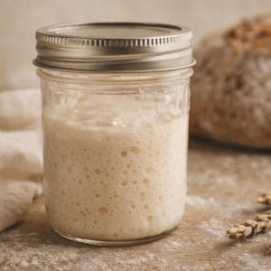 Può includere: Un barattolo di vetro trasparente con coperchio argentato pieno di pasta madre frizzante e biancastra. Una pagnotta di pane è sullo sfondo, con spighe di grano e un tovagliolo di stoffa nelle vicinanze. La scena è ambientata su una superficie di legno cosparsa di farina.