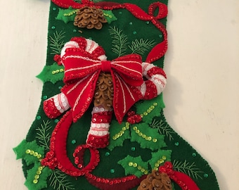 Christmas Stocking Bucilla Finished Candy Cane and Ribbons Felt / Kid's / Family