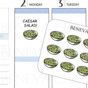 May include: A sheet of stickers featuring 12 illustrations of bowls of salad. The stickers are white with black outlines and are labelled "Beneva Creations" and "DL-096".