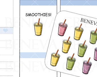 May include: A sheet of stickers featuring colorful cartoon illustrations of smoothies in various colors, including green, yellow, orange, pink, and red. The stickers are arranged in rows and columns on a white background. The text "BENEVA CREATIONS" and "DL-220" are printed on the sheet.