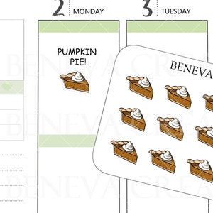 May include: A sheet of 12 pumpkin pie stickers. The stickers are brown and orange with a white swirl on top. The stickers are arranged in a grid pattern. The sheet is white with the text "BENEVA CREATIONS" and "DL-109" printed on it.