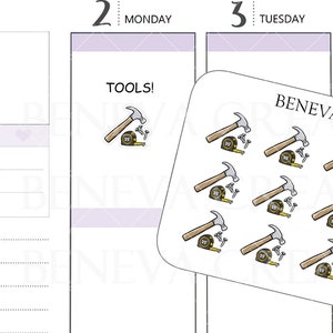 May include: A sheet of planner stickers featuring illustrations of tools. Each sticker includes a hammer, measuring tape, and screws. The sheet is labeled "BENEVA CREATIONS DL-209". The word "TOOLS!" is also visible.