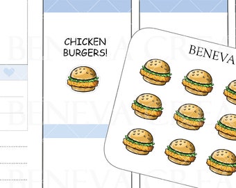 Chicken Burger Stickers- Burger Stickers - Fast Food Sticker- Doodle Stickers - Food Doodles - Food Stickers - Planner Stickers - (DL-142)