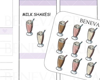 May include: A sheet of planner stickers featuring various milkshake designs in brown, pink, and vanilla colors, topped with whipped cream and a straw. The sheet is labeled "BENEVA CREATIONS" and "DL-110". The text "MILK SHAKES!" is also present.