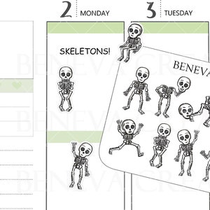 May include: Black and white skeleton stickers in various poses, including sitting, waving, and dancing. The stickers are on a white background with the text "SKELETONS!" and "BENEVA CREATIONS". The stickers are perfect for Halloween or spooky-themed crafts.