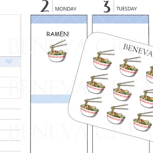 Könnte beinhalten: Eine Bogen mit Aufklebern mit 12 Illustrationen von Schüsseln mit Ramen und Essstäbchen. Die Aufkleber sind weiß mit schwarzen Umrissen und roten und gelben Akzenten. Der Text "BENEVA CREATIONS DL-043" ist auf dem Bogen gedruckt.