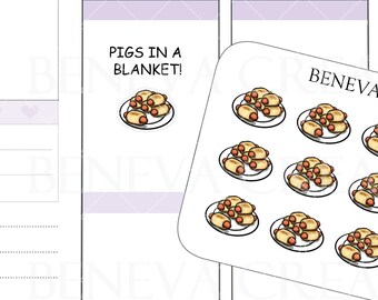 Puede incluir: Una hoja de pegatinas con 16 ilustraciones de salchichas envueltas en masa, un alimento reconfortante popular. Las pegatinas son blancas con contornos negros y están dispuestas en una cuadrícula. El texto "BENEVA CREATIONS" y "HC018" está impreso en la hoja.