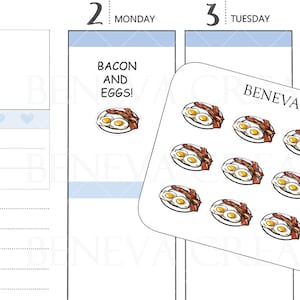 May include: A sheet of stickers featuring 12 illustrations of bacon and eggs on a plate. The stickers are white with black outlines and are labeled "Beneva Creations DL-036".
