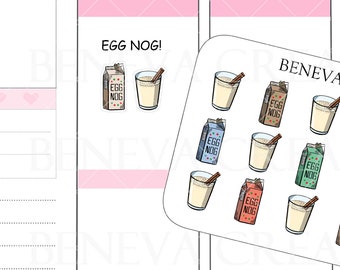 May include: A sheet of planner stickers featuring eggnog in a glass with a cinnamon stick and cartons of eggnog. The stickers are in various colors and are labeled "EGG NOG!" and "BENEVA CREATIONS".