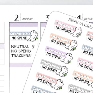 May include: A set of 10 colourful dinosaur stickers with the text "MTWTFSS NO SPEND" on each sticker. The stickers are designed for use in a planner or journal to track spending.