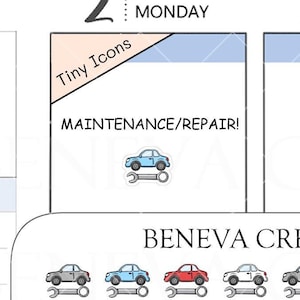May include: A sheet of 36 tiny car repair stickers. The stickers are in various colours, including grey, blue, red, and white. Each sticker features a small car with a spanner underneath. The stickers are labelled "Tiny Icons" and "TI-045".