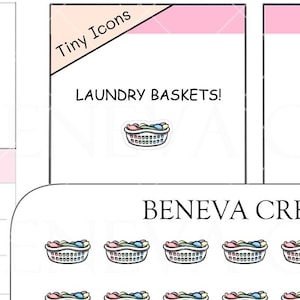 May include: A sheet of 36 tiny laundry basket stickers. The baskets are white with a blue rim and contain colorful clothes. The stickers are perfect for planners, journals, and other craft projects.