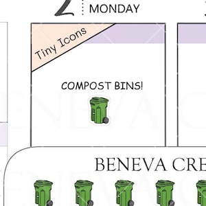 May include: A sheet of 36 green compost bin stickers with black wheels. The stickers are arranged in a grid pattern and are labeled "TI-005" and "BENEVA CREATIONS".