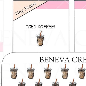 May include: A sheet of 48 tiny iced coffee stickers. The stickers are brown and white and feature a cup of iced coffee with a straw. The sheet is labelled "BENEVA CREATIONS" and "TI-075".