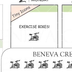 May include: A sheet of 48 black and white exercise bike stickers. The stickers are small and perfect for planners, journals, or laptops. The sheet is labeled "Tiny Icons" and "Exercise Bikes!" with the company name "Beneva Creations" and the product code "TI-055".