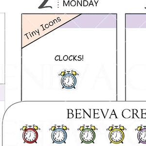 May include: A sheet of 36 colorful alarm clock stickers. The stickers are in various colors, including red, yellow, blue, green, and purple. The stickers are all the same size and shape, and they feature a simple design of an alarm clock with a bell on top. The stickers are labeled "Tiny Icons" and "Clocks!" and "BENEVA CREATIONS TI-036".
