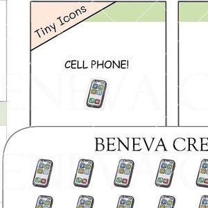 May include: A sheet of 36 tiny phone stickers. The stickers are black with a white screen and colorful icons. The stickers are arranged in a grid on a white background. The text "BENEVA CREATIONS" and "TI-076" are printed at the top of the sheet.