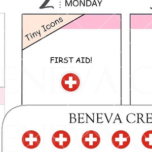 May include: A sheet of 36 red and white medical cross stickers. The stickers are arranged in a grid of six rows and six columns. The text "BENEVA CREATIONS TI-062" is printed at the top of the sheet. The text "2024 BENEVA CREATIONS" is printed at the bottom of the sheet.