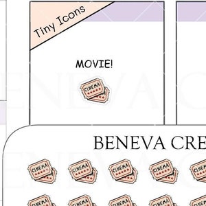 May include: A sheet of 36 pink and white movie ticket stickers with the word "CINEMA" printed on each ticket. The stickers are arranged in a grid pattern. The text "BENEVA CREATIONS" and "TI-085" are printed at the top of the sheet. The text "©2025 BENEVA CREATIONS" is printed at the bottom of the sheet.