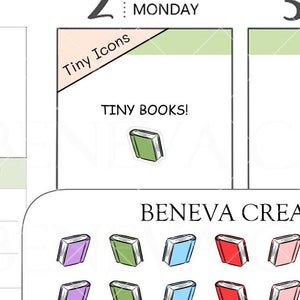 May include: A sheet of colourful book stickers with the text "Tiny Books!" and "Beneva Creations TI-031". The stickers are in various colours, including purple, green, blue, red, pink, yellow, orange, and grey.