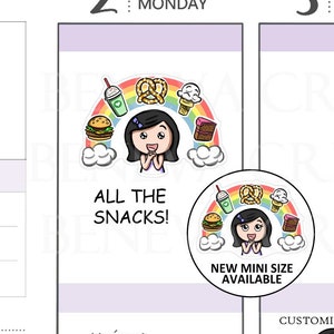 May include: A sticker featuring a cartoon character with a rainbow, ice cream, pretzels, and a milkshake. The sticker says "All the Snacks!" and "New Mini Size Available". The sticker is available in a variety of skin tones.