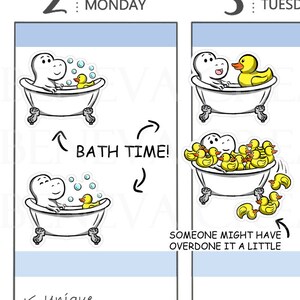 May include: Two sticker designs featuring a cartoon hippopotamus taking a bath. The first sticker shows the hippo with one rubber ducky. The second sticker shows the hippo with many rubber duckies, with the text "Someone might have overdone it a little".