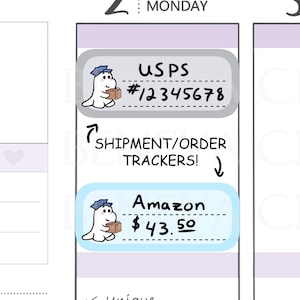 May include: A planner sticker sheet featuring hand-drawn artwork by Beneva Creations. The sheet includes stickers for tracking shipments and orders, with illustrations of a cartoon character holding a package. Text includes "USPS #12345678" and "Amazon".