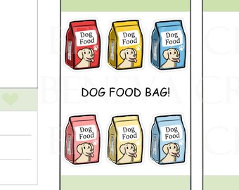 Könnte beinhalten: Vier farbige Aufkleber von Hundefutterbeuteln mit einem Comic-Hund auf jedem. Die Beutel sind rot, gelb, blau und hellblau. Der Text auf den Beuteln lautet "Dog Food". Die Aufkleber sind Teil einer Planerseite mit dem Text "Dog Food Bag!" und "Unique", "Cute" und "Only available here" darunter.