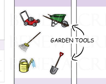 Garden Tools Stickers - Gardening Equipment - Raking Stickers - Gardening Stickers - Watering Stickers- Cleanup- Planner Stickers - (HG-008)