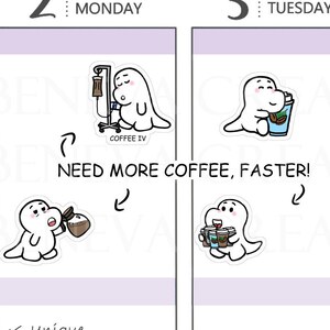 May include: A set of four hand-drawn stickers featuring a cartoon walrus character with different coffee-themed illustrations. The stickers are labelled "Coffee IV", "Need More Coffee, Faster!" and include a walrus holding a coffee pot and a walrus holding multiple coffee cups. The stickers are white with black outlines and are on a light purple background.