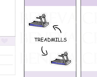 Könnte beinhalten: Ein Stickerbogen mit zwei Designs. Das erste Design ist ein Laufband mit dem Text "TREADMILLS" und einem Pfeil, der auf das Laufband zeigt. Das zweite Design ist leer. Der Stickerbogen ist mit "MONDAY" und "TUESDAY" beschriftet.