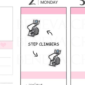 May include: Two sticker designs featuring a black and gray step climber machine. The stickers are labeled "Step Climbers" and are available on Monday and Tuesday. The stickers are unique and cute and are only available here.