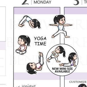 May include: A set of four yoga-themed stickers featuring a cartoon character in different poses. The stickers are available in a new mini size and can be customised with different skin tones and hair colours. The text "Yoga Time" is included on one of the stickers.