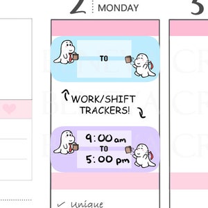 May include: Two sticker designs featuring a cute ghost character. The first sticker is light blue with the text "TO" and the second sticker is purple with the text "9:00 am TO 5:00 pm". Both stickers have the text "WORK/SHIFT TRACKERS!" underneath.